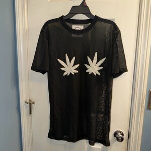 Omighty Black Mesh Tee with White Leaf Design
